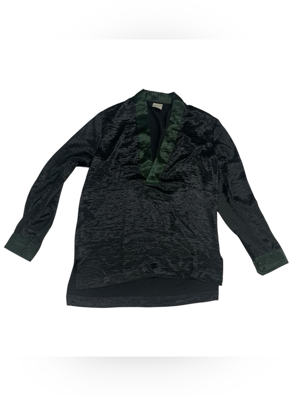 Orttu Kimono Style Shirt Men Sz M Deep V-Neck Glossy Black Green Long Sleeve